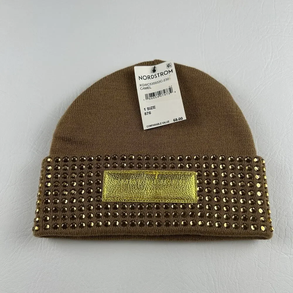 Kurt Geiger Brown Gold Studded Beanie Hat Metallic Logo Cuff Knit NWT